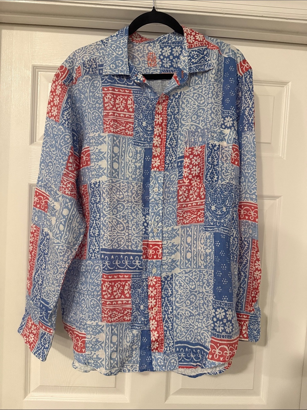 Men's J McLaughlin 100% Linen Blue & Red Patchwork Print Button-Up Shirt